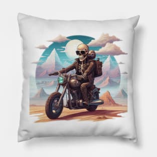 skeleton with sunglasses riding a motorcycle in the desert Pillow