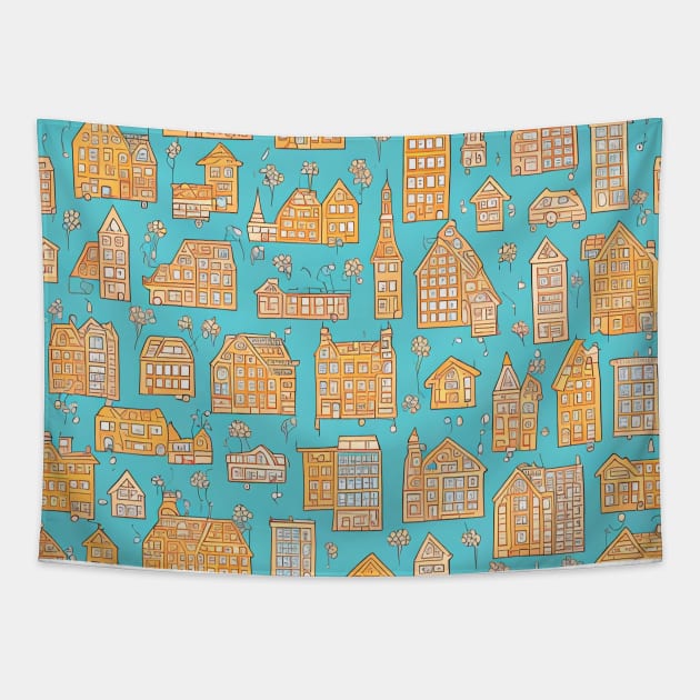 Cheerful Fantastic Whimsical Urban Townscape Pattern Tapestry by thejoyker1986