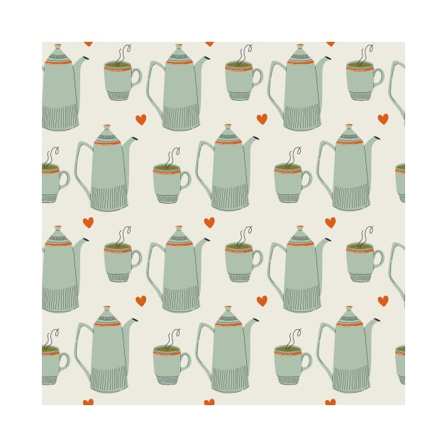 Pattern with ceramic kitchen utensils and hot drink by DanielK