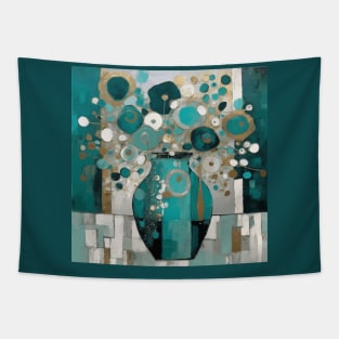Turquoise Teal Silver and Gold Modern Contemporary Floral Still Life Painting Tapestry