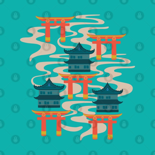 EDO Traditional Japanese Castles and Oriental Japan Torii Gates with Flowing River in Rainbow Palette Turquoise Orange Teal Yellow - UnBlink Studio by Jackie Tahara by UnBlink Studio by Jackie Tahara