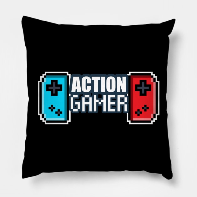 Action Gamer - 8-bit Retro Pixel Classic Nostalgia Video Games Pillow by MaystarUniverse