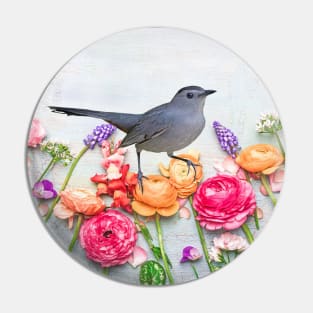 Gray Catbird in the Flower Garden Pin