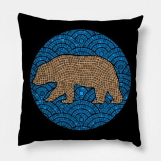 Mosaic California Brown Grizzly Bear Blue Tile Background Pillow
