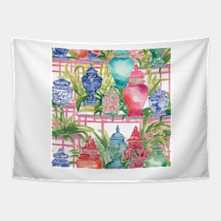 Chinoiserie jars on bamboo shelf watercolor Tapestry