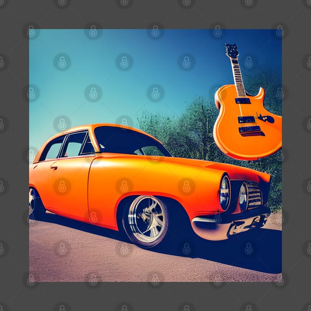 An Orange Guitar Suspended above An Orange Car by Musical Art By Andrew