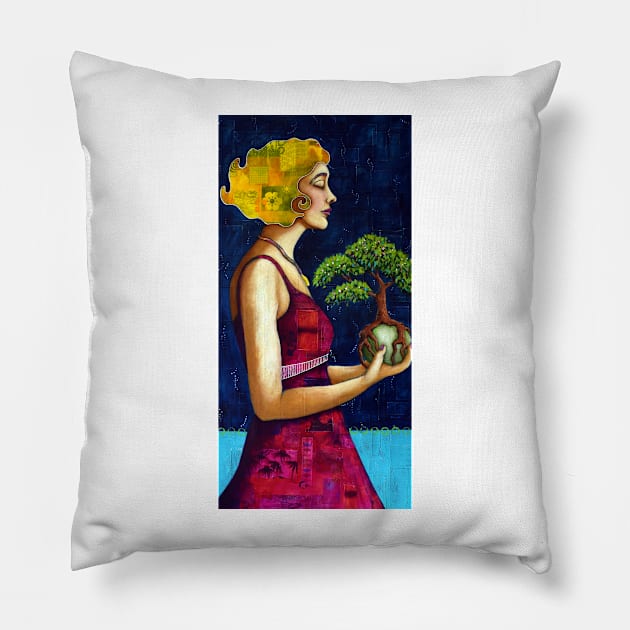 The Gift : portrait of a woman holding a tree Pillow by scatterlings