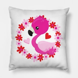 Cute Flamingo, Pink Flamingo, Bird, Flowers, Heart Pillow