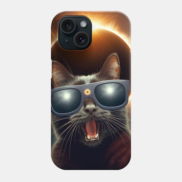 black cat taking a selfie with solar 2024 eclipse wearing Glasses Phone Case by HBart