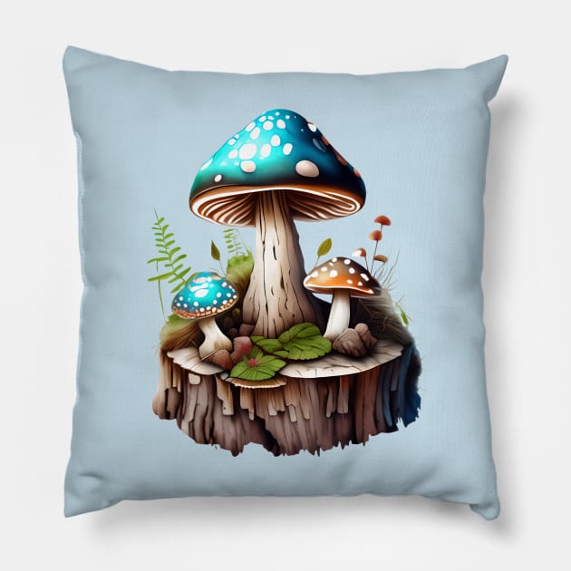 Blue Mushrooms in the Forest Pillow by Xie