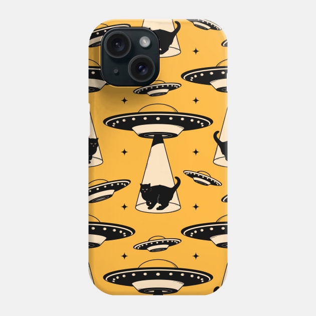 Aliens and Black Cat Pattern in yellow Phone Case by The Charcoal Cat Co.