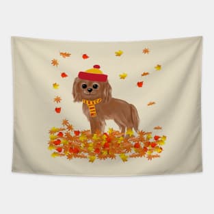 Ruby Cavalier King Charles Spaniel in Fall Leaves Tapestry