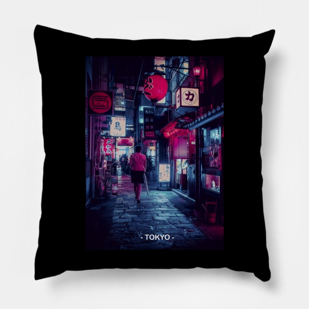 Tokyo Street Neon Synthwave Pillow by JeffDesign