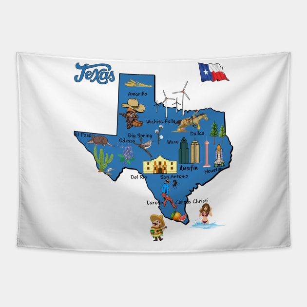 tourist map of Texas state, USA, major cities, flag, landmarks Tapestry by Mashmosh