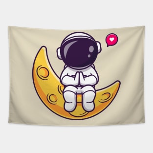 Cute Astronaut Sitting On Moon Cartoon Tapestry