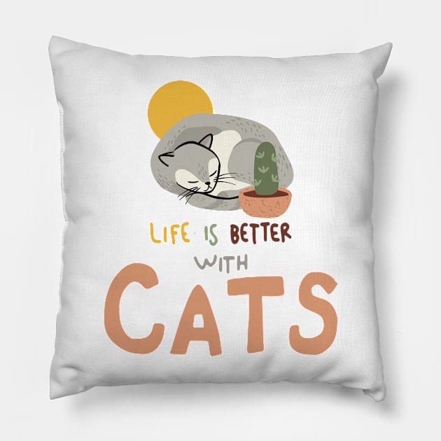 Life  Is Better With Cats Cartoon Vector Illustration, Sleeping Cat Colorful Fine Art Print, Watercolor Line Painting Art, Cat Giclée Archival Print Pillow by Modern Art