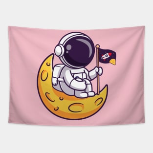 Cute Astronaut Holding Flag On Moon Cartoon Tapestry