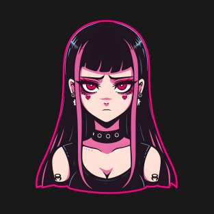 Anime Goth Girl with Chokers and Tattoos - Edgy Character Art T-Shirt