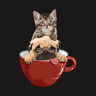 Cute Cat and Pug in a mug | Funny cat and dog gift T-Shirt