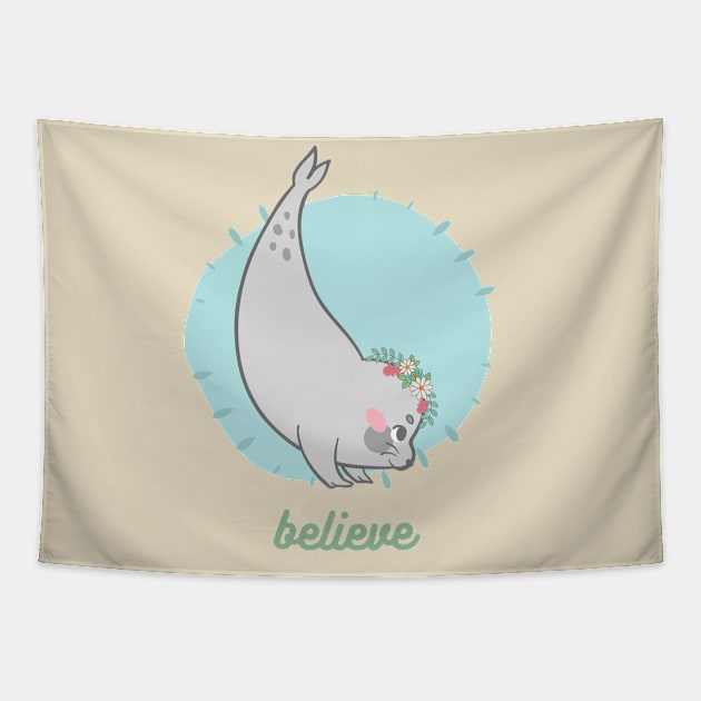 Believe - Cute Seal with Flower Crown T-Shirt Tapestry by CyndyK