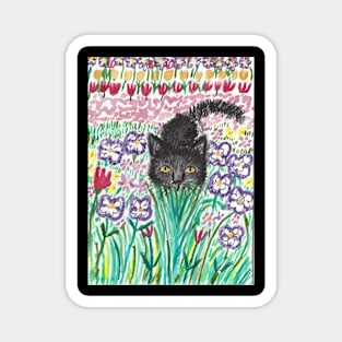 Black cat in the  flowers Magnet