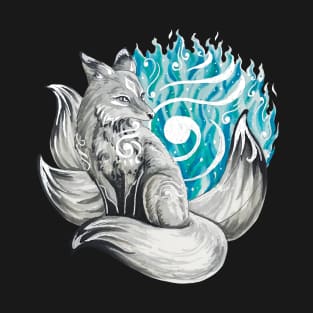 Silver Kitsune with Aqua Foxfire T-Shirt