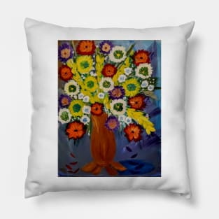 abstract flowers painted in acrylic paint and neon paint . In a gold vase with legs Pillow