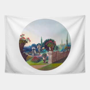 Garden with gushing fountain and flowerpots Tapestry