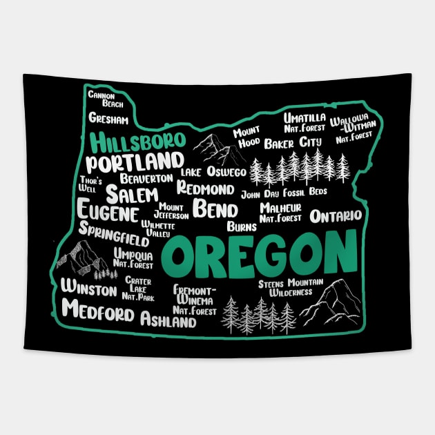 Cute map of Hillsboro Oregon, Portland, Salem, Eugene, Springfield, Bend, Ontario, Medford Tapestry by BoogieCreates