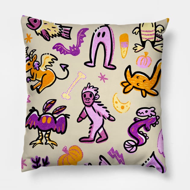 Halloween Cryptid Monsters Cartoon Pattern Pillow by narwhalwall