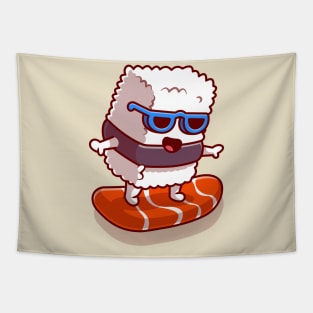 Cute Sushi Salmon Surfing Cartoon Tapestry