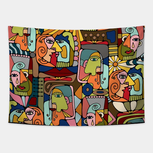 Cubist Picasso Style Faces In Mid Century Modern Colors Tapestry by Slightly Unhinged