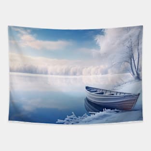 Lake Boat In Winter Serene Landscape Tapestry