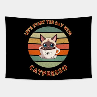 Let's start the day with catpresso, kawaii siamese kitty cat in a coffee cup pun art Tapestry