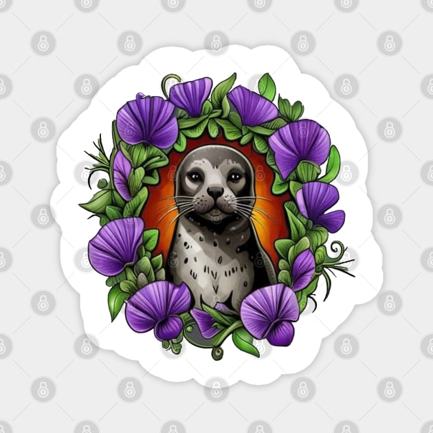 A Harbor Seal Surrounded By A Wreath Of Violet Viola Tattoo Art Magnet by taiche