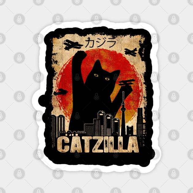 Vintage Catzilla Funny Black Cat Magnet by Dailygrind