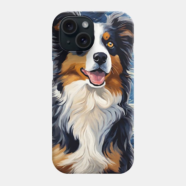 Cute Australian Shepherd Dog Breed Painting in a Van Gogh Starry Night Art Style Phone Case by Art-Jiyuu