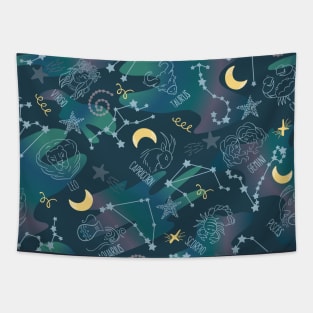 Astrology Zodiac Signs Night Sky Seamless Pattern Tapestry