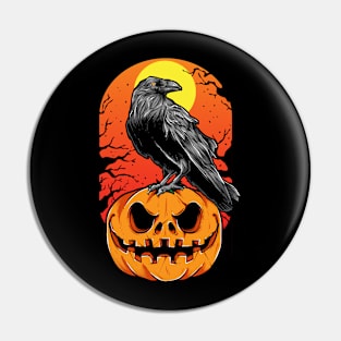 Crow standing on a pumpkin halloween design Pin