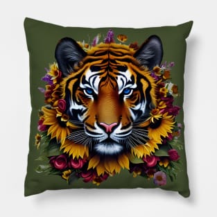 Floral Tiger with Sunflowers Pillow