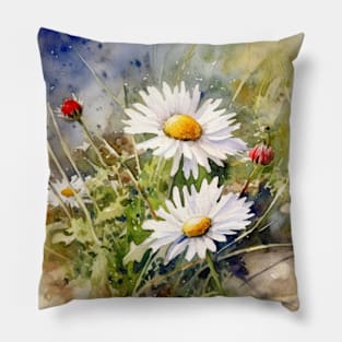 White Daisies on a Meadow Watercolor Pillow