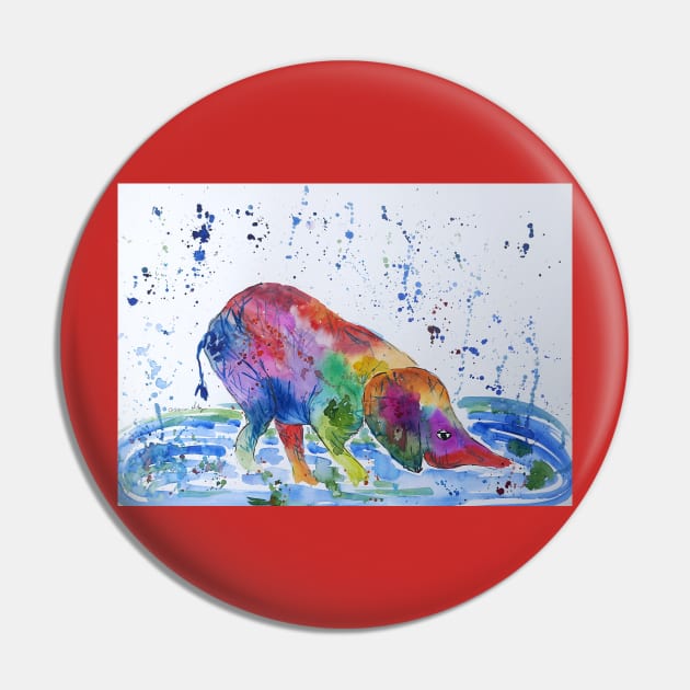 Colourful Baby Elephant taking a drink of Water Pin by Casimirasquirkyart