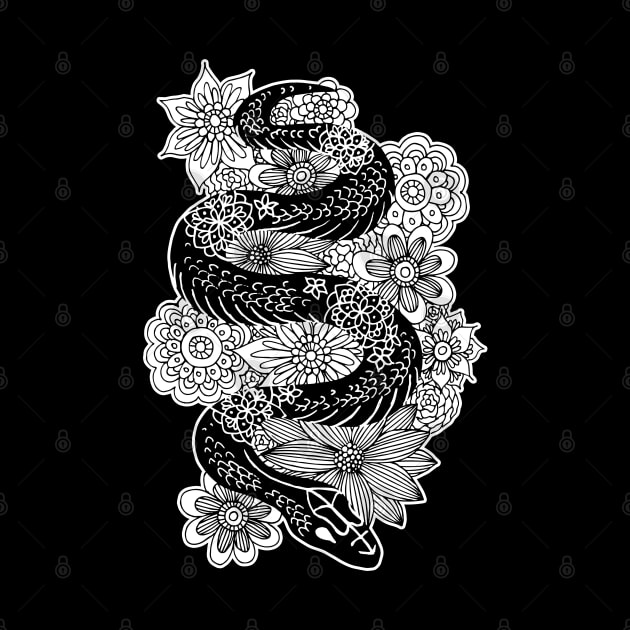 Snake with Flowers Black and White Drawing by julieerindesigns