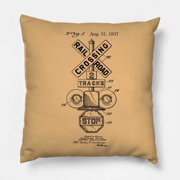 Railroader Gift Railroad Crossing Signal Patent Print White Pillow by MadebyDesign