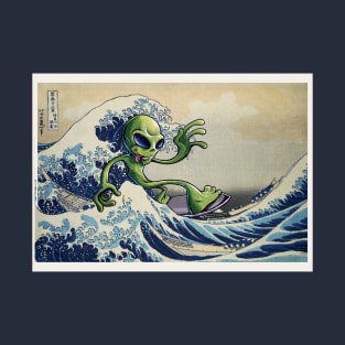 Alien surfing the Great Wave Off Kanagawa. Martian surfer. T-Shirt