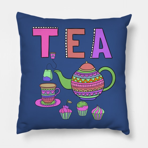 Bohemian Tea Set Pink Pillow by letnothingstopyou