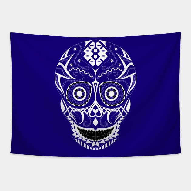 skeleton smile in mexican pattern in dark Tapestry by jorge_lebeau