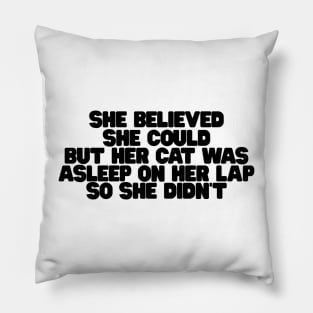 she believed she could but her cat was asleep on her lap so she didnt Pillow