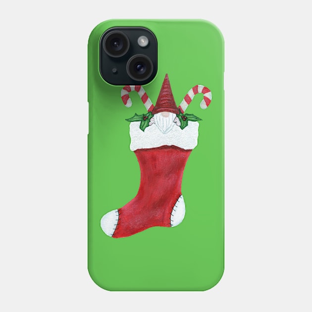 Gnome in Christmas Stocking With Candy Canes Holly Leaves Phone Case by DeerSpiritStudio