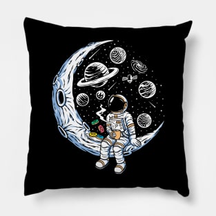 Astronaut Sitting on a Crescent Moon with Coffee & Donuts Pillow